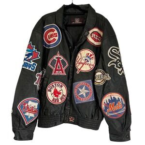 JH Design MLB All Over Team Logo Black Leather Jacket Mens XL Vtg Baseball Rare!